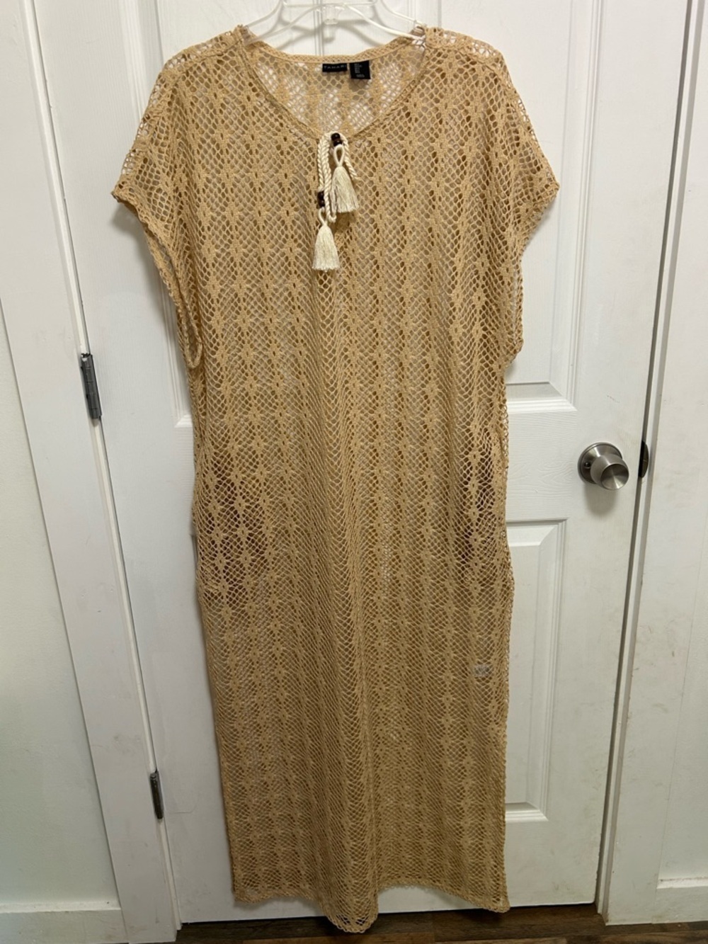 Tahari Crochet Open-Knit Beach Cover-Up in Tan